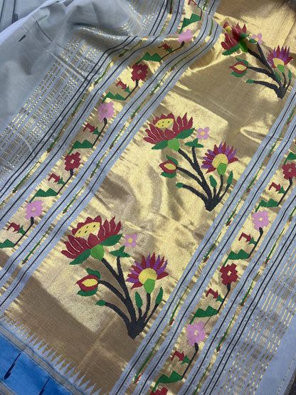 ICE BLUE COTTON PURE HANDLOOM PAITHANI SAREE