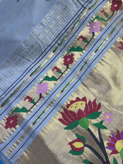 ICE BLUE COTTON PURE HANDLOOM PAITHANI SAREE