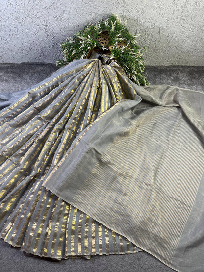 GREY TISSUE LINEN PURE HANDLOOM LINEN SAREE