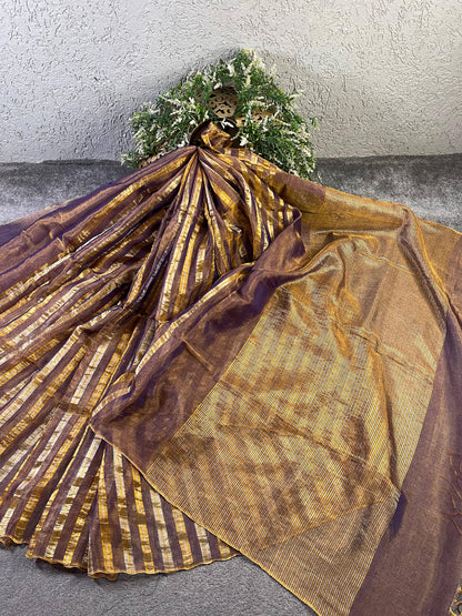 PURPLE TISSUE LINEN PURE HANDLOOM LINEN SAREE