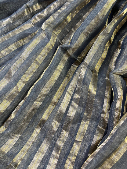 DARK GREY TISSUE LINEN PURE HANDLOOM LINEN SAREE