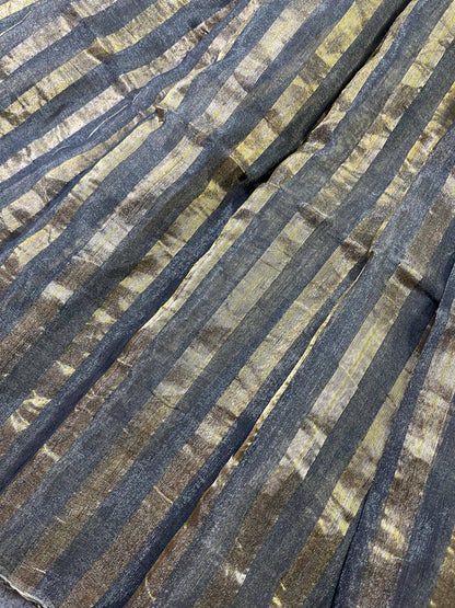 DARK GREY TISSUE LINEN PURE HANDLOOM LINEN SAREE