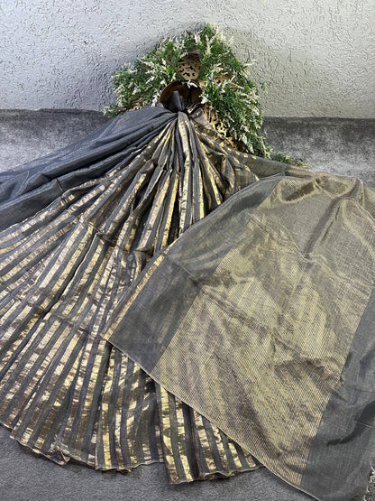 DARK GREY TISSUE LINEN PURE HANDLOOM LINEN SAREE