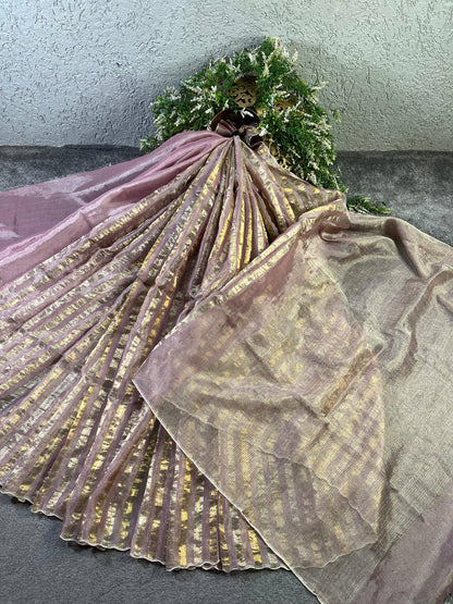 LIGHT PINK TISSUE LINEN PURE HANDLOOM LINEN SAREE