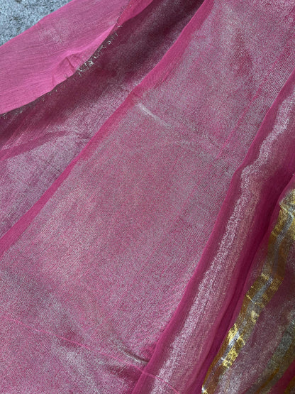 PINK TISSUE LINEN PURE HANDLOOM LINEN SAREE
