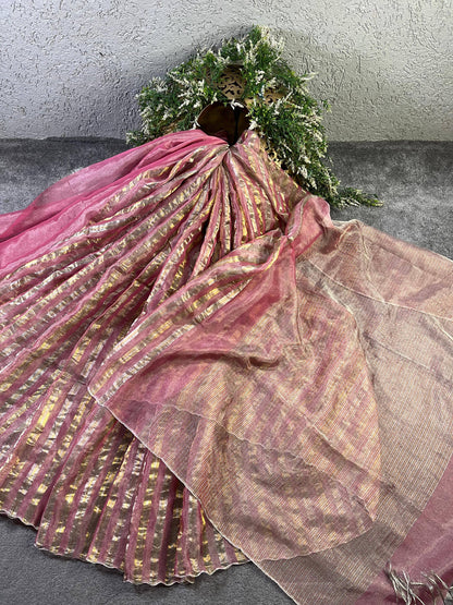 PINK TISSUE LINEN PURE HANDLOOM LINEN SAREE