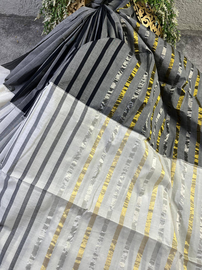 GREY WHITE PURE HANDLOOM KERALA COTTON SAREE
