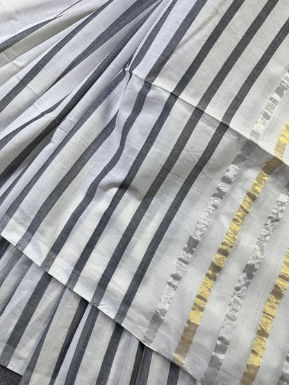 GREY WHITE PURE HANDLOOM KERALA COTTON SAREE
