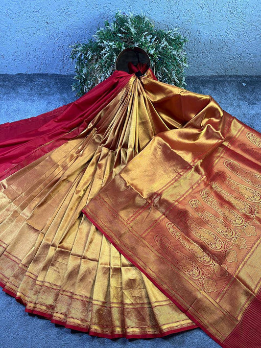 ORANGE GOLD KATAN TISSUE PURE HANDLOOM BANARASI SAREE