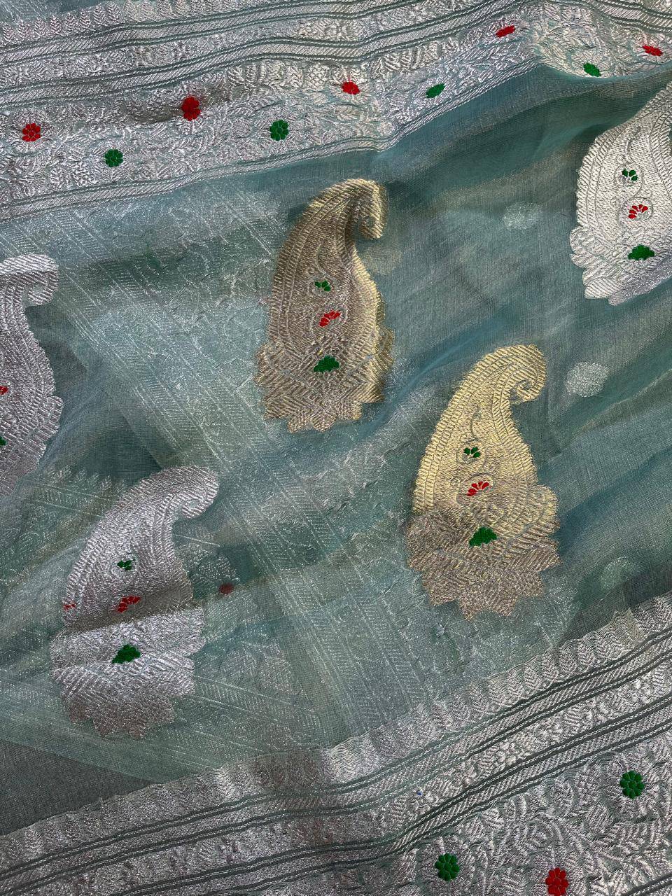 SEA BLUE TISSUE CHIFFON PURE HANDLOOM BANARASI SAREE