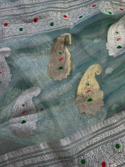 SEA BLUE TISSUE CHIFFON PURE HANDLOOM BANARASI SAREE