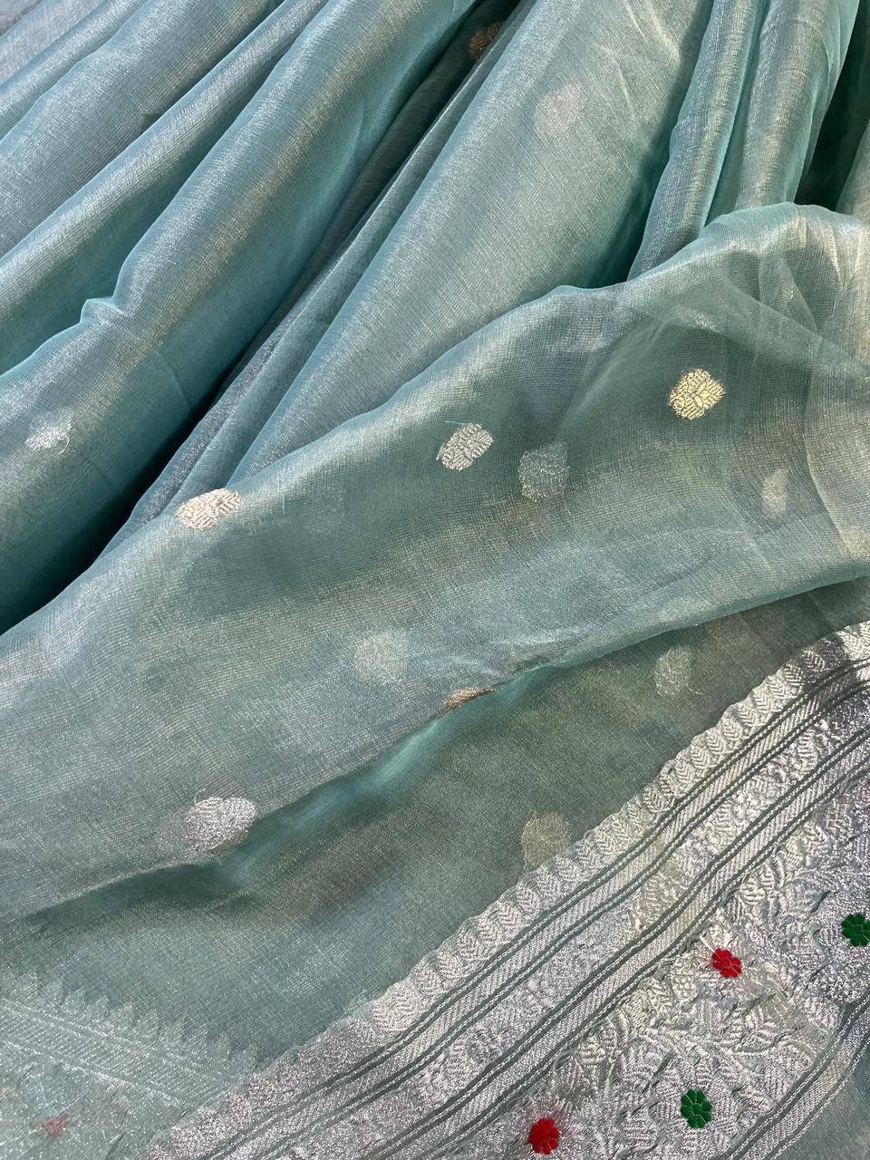 SEA BLUE TISSUE CHIFFON PURE HANDLOOM BANARASI SAREE