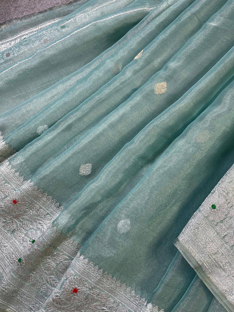 SEA BLUE TISSUE CHIFFON PURE HANDLOOM BANARASI SAREE