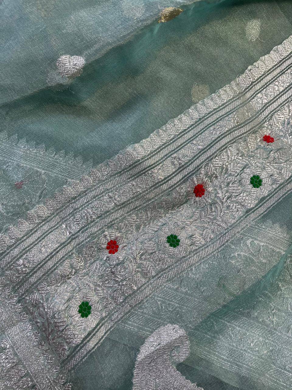 SEA BLUE TISSUE CHIFFON PURE HANDLOOM BANARASI SAREE