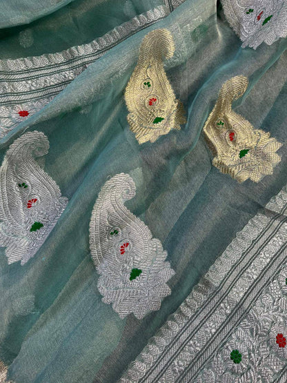 SEA BLUE TISSUE CHIFFON PURE HANDLOOM BANARASI SAREE