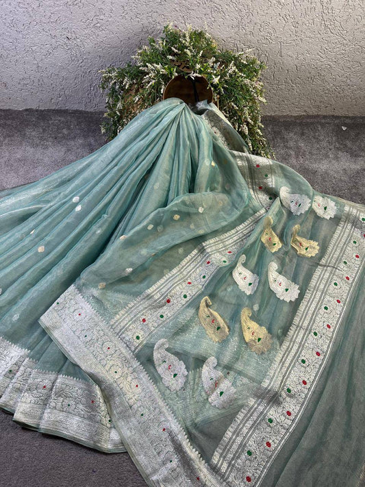 SEA BLUE TISSUE CHIFFON PURE HANDLOOM BANARASI SAREE