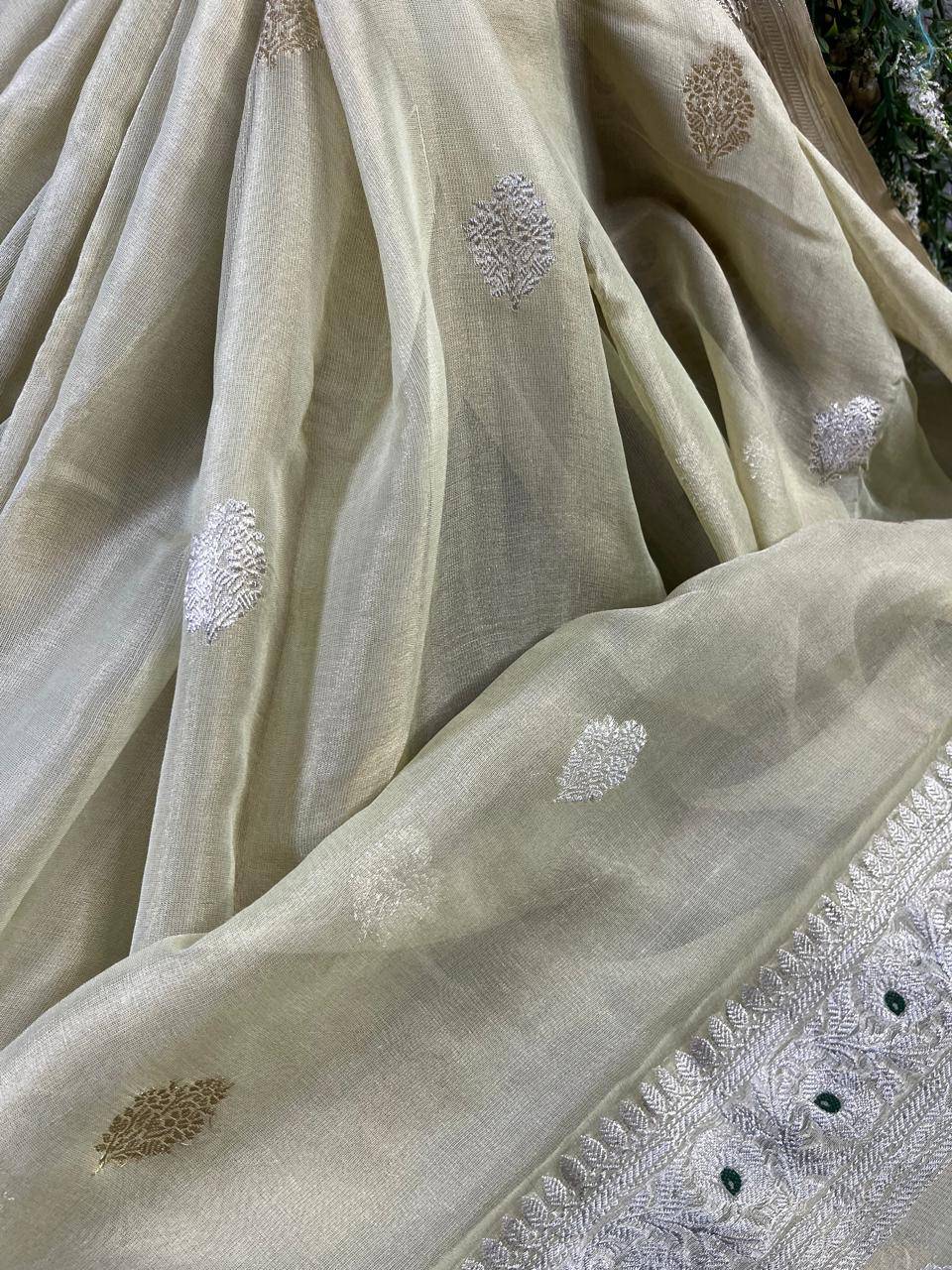 LIGHT PISTA GREEN TISSUE CHIFFON PURE HANDLOOM BANARASI SAREE