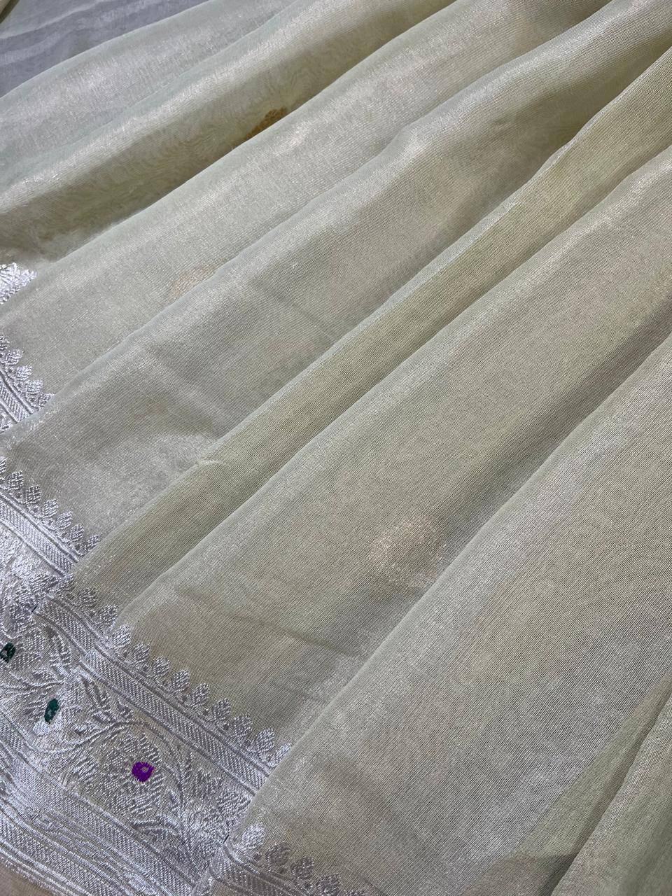 LIGHT PISTA GREEN TISSUE CHIFFON PURE HANDLOOM BANARASI SAREE