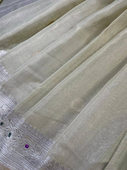 LIGHT PISTA GREEN TISSUE CHIFFON PURE HANDLOOM BANARASI SAREE