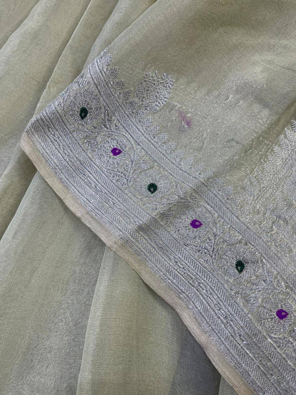 LIGHT PISTA GREEN TISSUE CHIFFON PURE HANDLOOM BANARASI SAREE