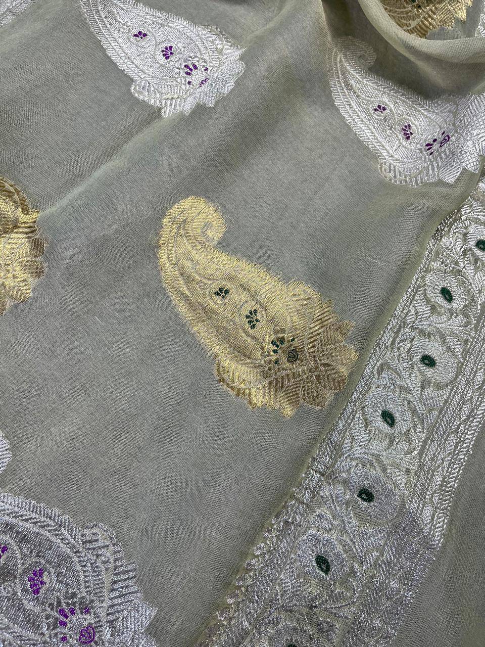 LIGHT PISTA GREEN TISSUE CHIFFON PURE HANDLOOM BANARASI SAREE