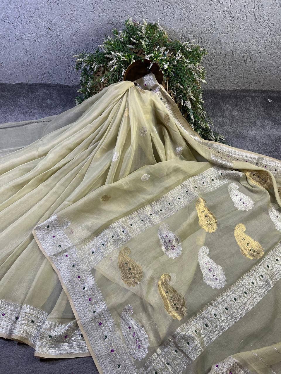 LIGHT PISTA GREEN TISSUE CHIFFON PURE HANDLOOM BANARASI SAREE