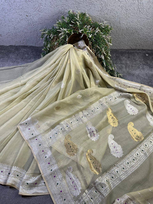 LIGHT PISTA GREEN TISSUE CHIFFON PURE HANDLOOM BANARASI SAREE