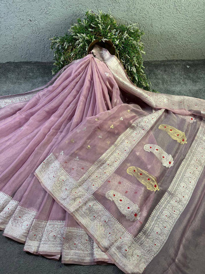 PINK TISSUE CHIFFON PURE HANDLOOM BANARASI  SAREE