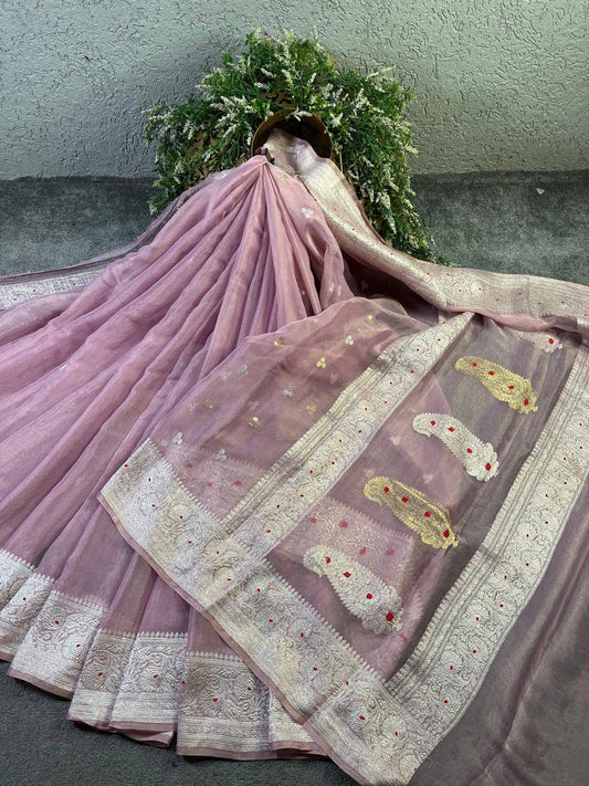 PINK TISSUE CHIFFON PURE HANDLOOM BANARASI  SAREE