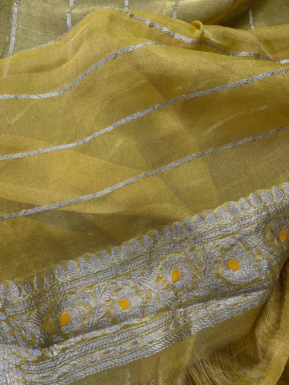 YELLOW TISSUE CHIFFON PURE HANDLOOM BANARASI SAREE
