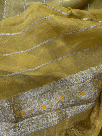 YELLOW TISSUE CHIFFON PURE HANDLOOM BANARASI SAREE