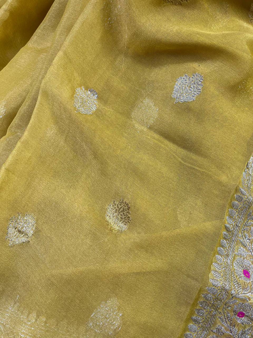 YELLOW TISSUE CHIFFON PURE HANDLOOM BANARASI SAREE