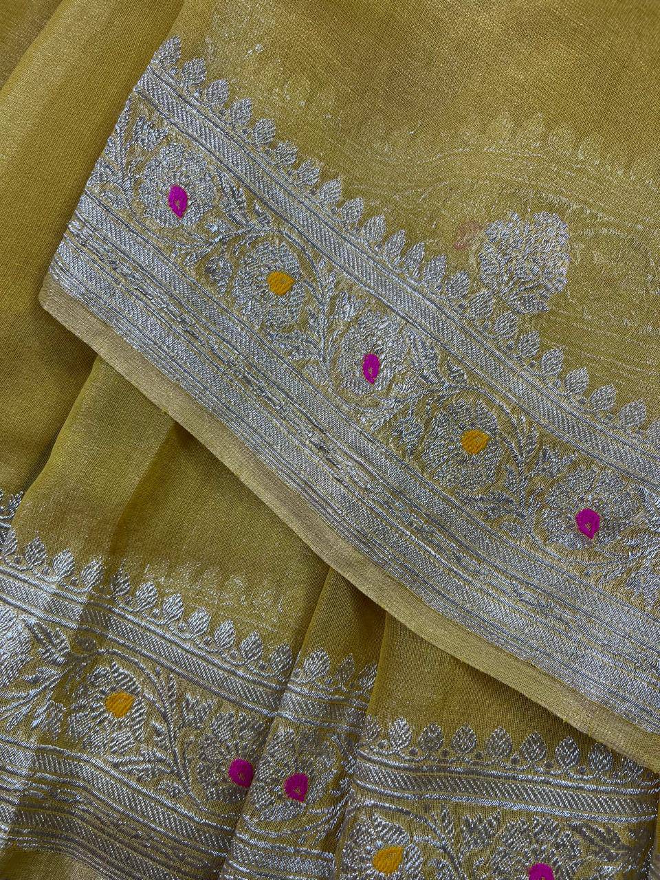 YELLOW TISSUE CHIFFON PURE HANDLOOM BANARASI SAREE