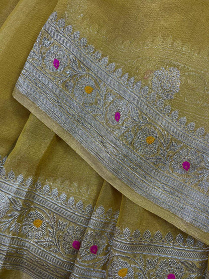 YELLOW TISSUE CHIFFON PURE HANDLOOM BANARASI SAREE