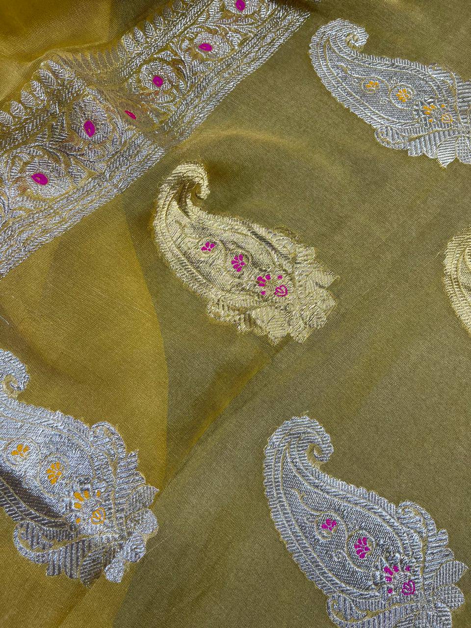 YELLOW TISSUE CHIFFON PURE HANDLOOM BANARASI SAREE