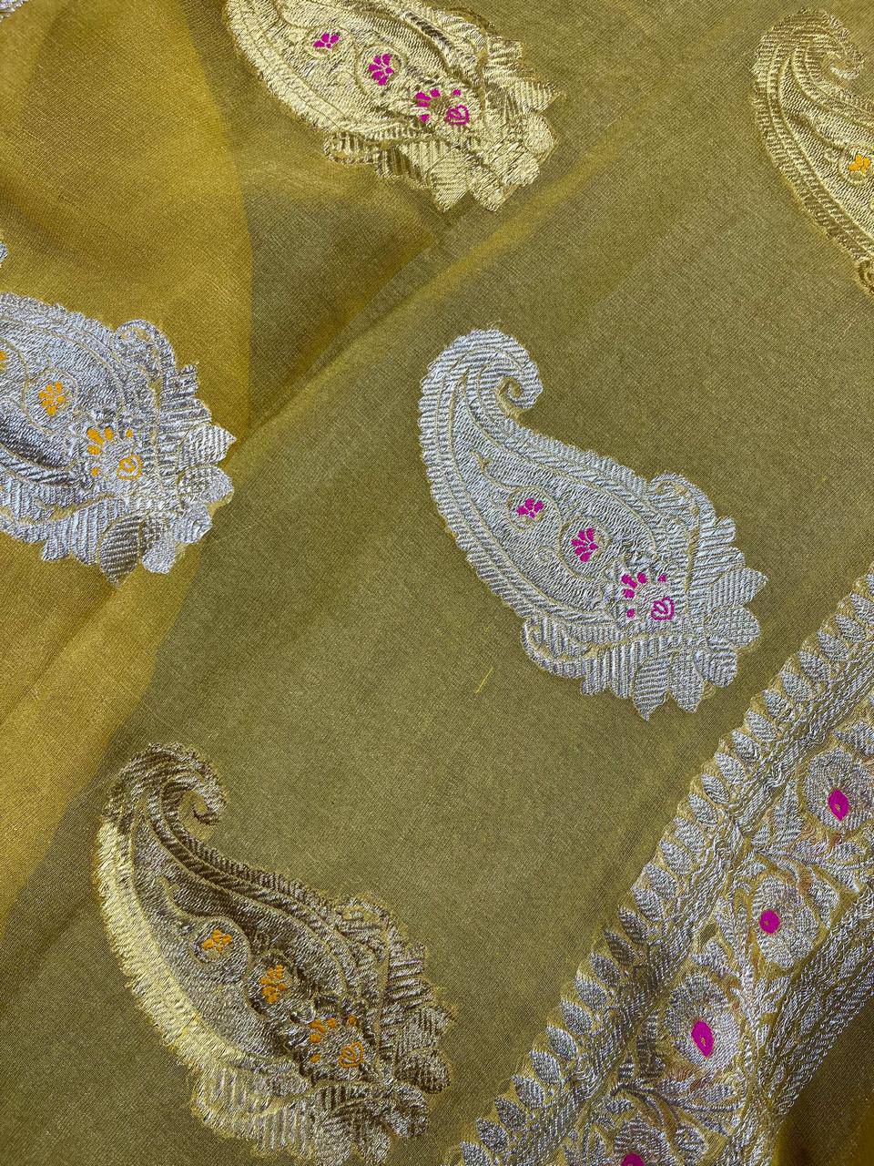 YELLOW TISSUE CHIFFON PURE HANDLOOM BANARASI SAREE