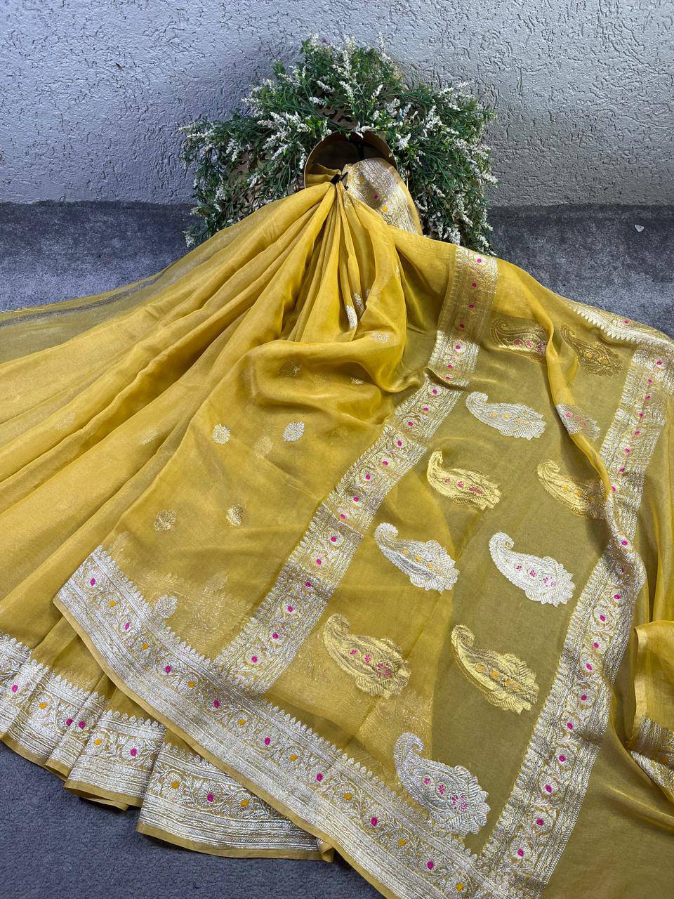 YELLOW TISSUE CHIFFON PURE HANDLOOM BANARASI SAREE