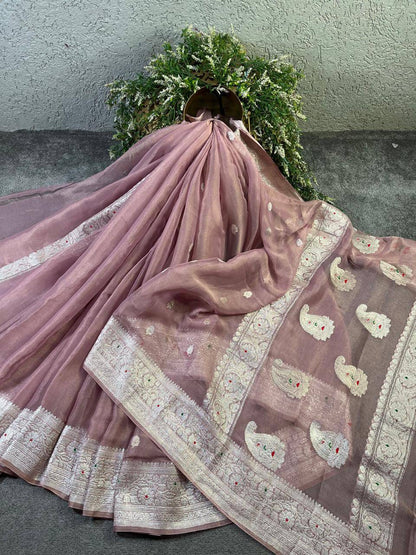 MAUVE TISSUE CHIFFON PURE HANDLOOM BANARASI SAREE