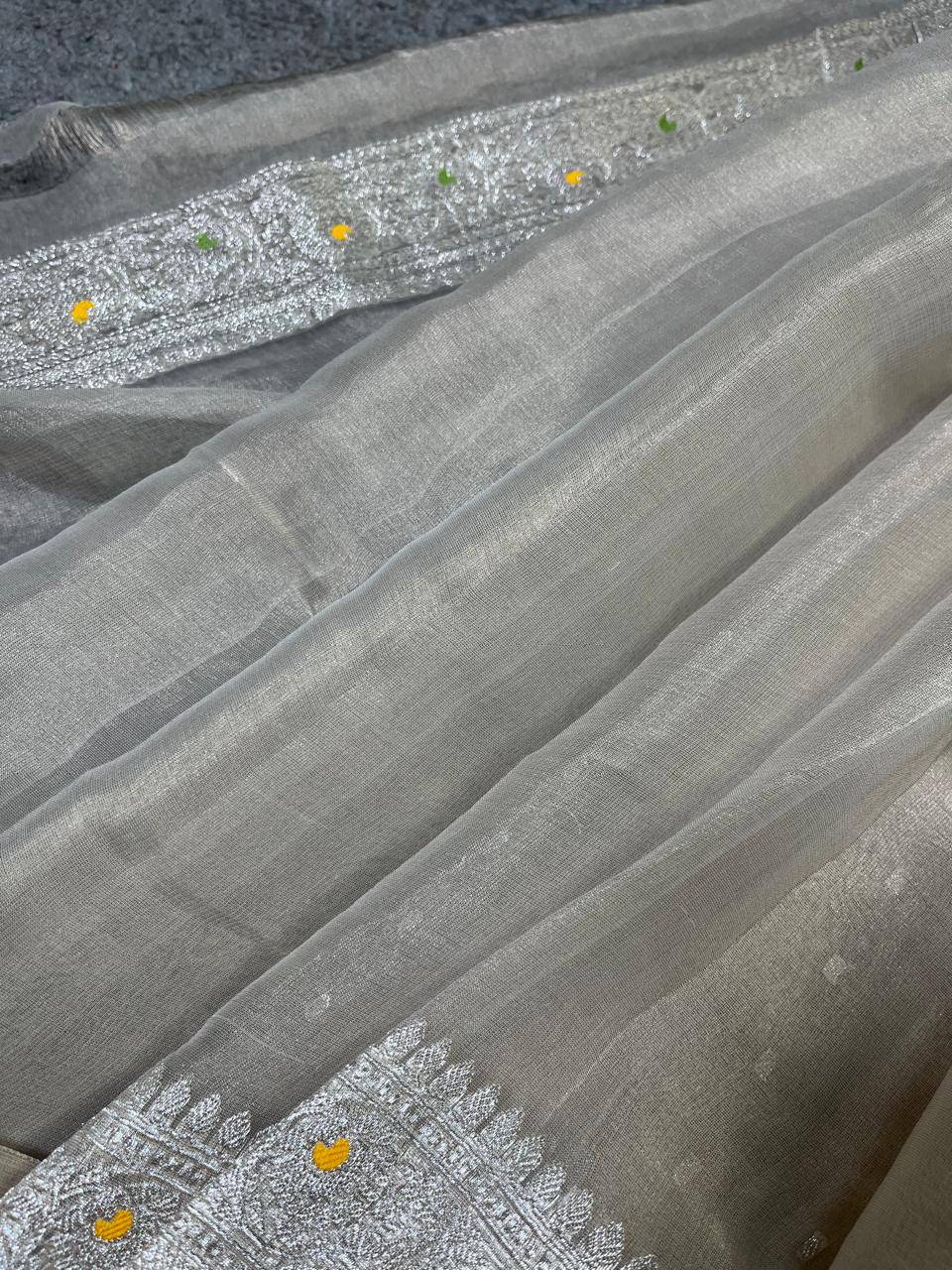 IVORY TISSUE CHIFFON PURE HANDLOOM BANARASI SAREE