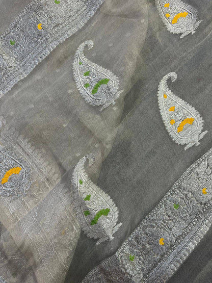 IVORY TISSUE CHIFFON PURE HANDLOOM BANARASI SAREE
