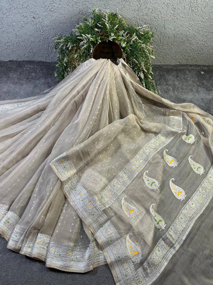 IVORY TISSUE CHIFFON PURE HANDLOOM BANARASI SAREE