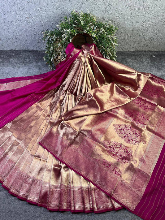 PINK GOLD KATAN TISSUE PURE HANDLOOM BANARASI SAREE