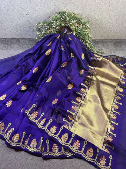 INK BLUE SILK PURE HANDLOOM CHANDERI SAREE