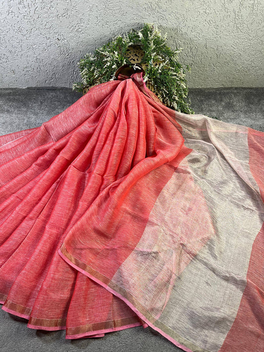 CORAL PURE HANDLOOM LINEN SAREE