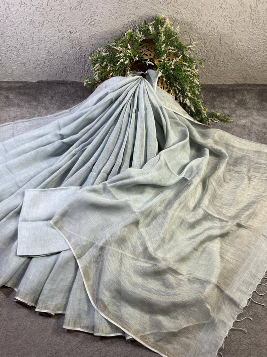 LIGHT GREY PURE HANDLOOM LINEN SAREE