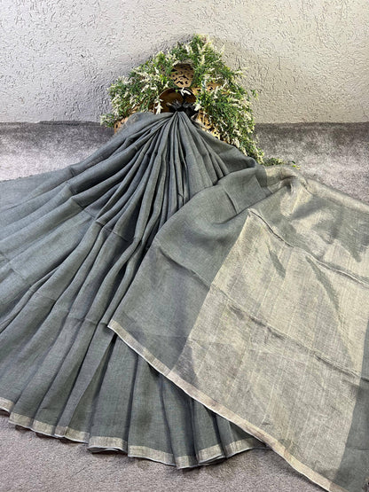 DARK GREY PURE HANDLOOM LINEN SAREE