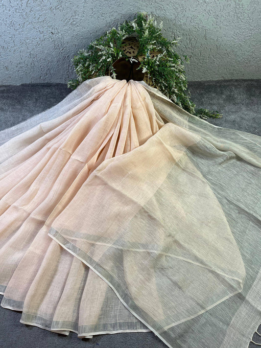 LIGHT PEACH PURE HANDLOOM LINEN SAREE