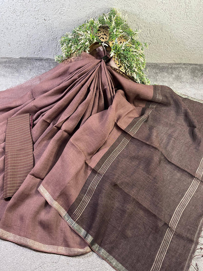 BROWN PURE HANDLOOM LINEN SAREE