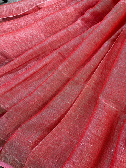 CORAL PURE HANDLOOM LINEN SAREE
