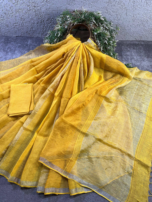 YELLOW PURE HANDLOOM LINEN SAREE